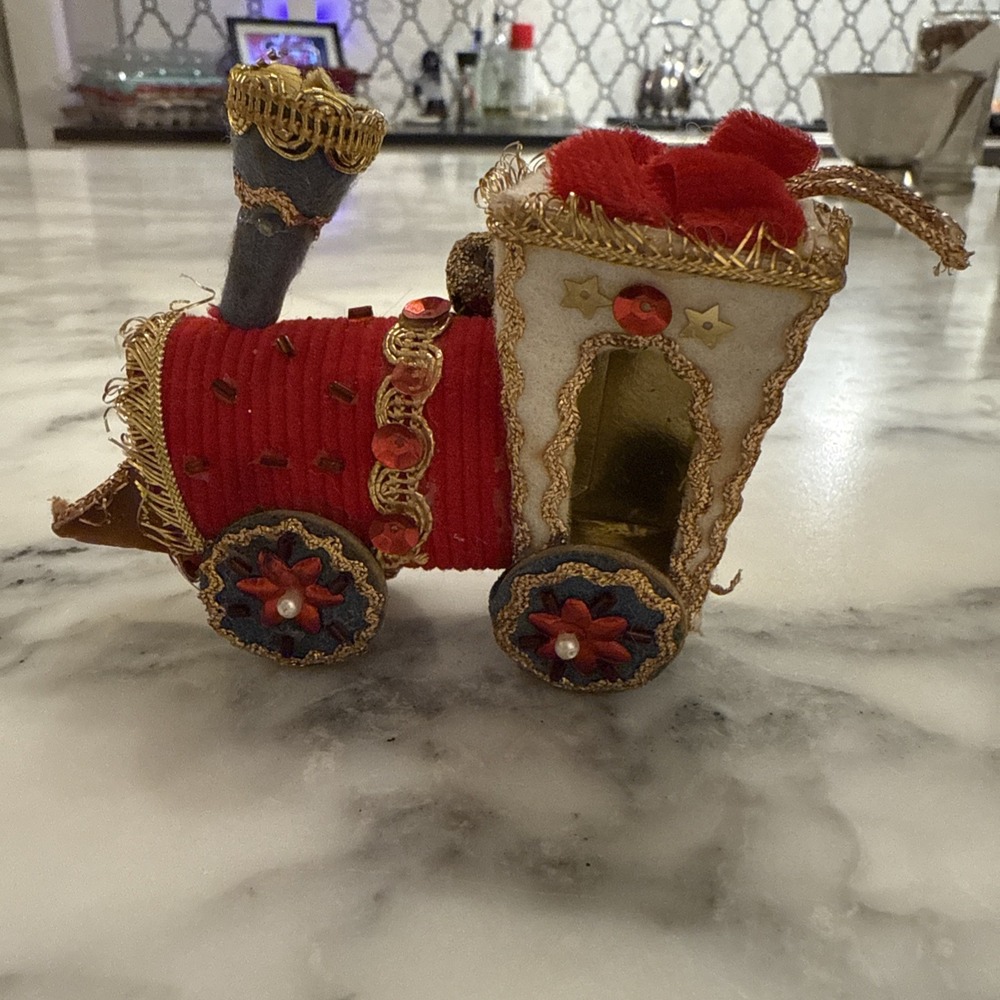 Locomotive Train Christmas OrnamentsVintage Wood Flocked Paper Gift MCM